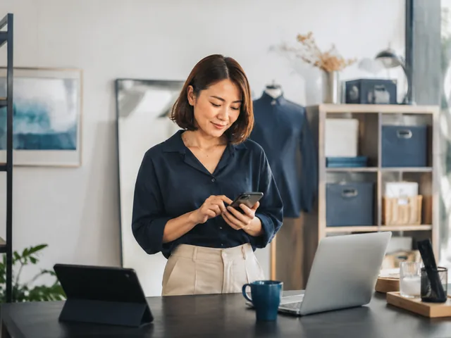 Service business owner using a smartphone while managing customer work